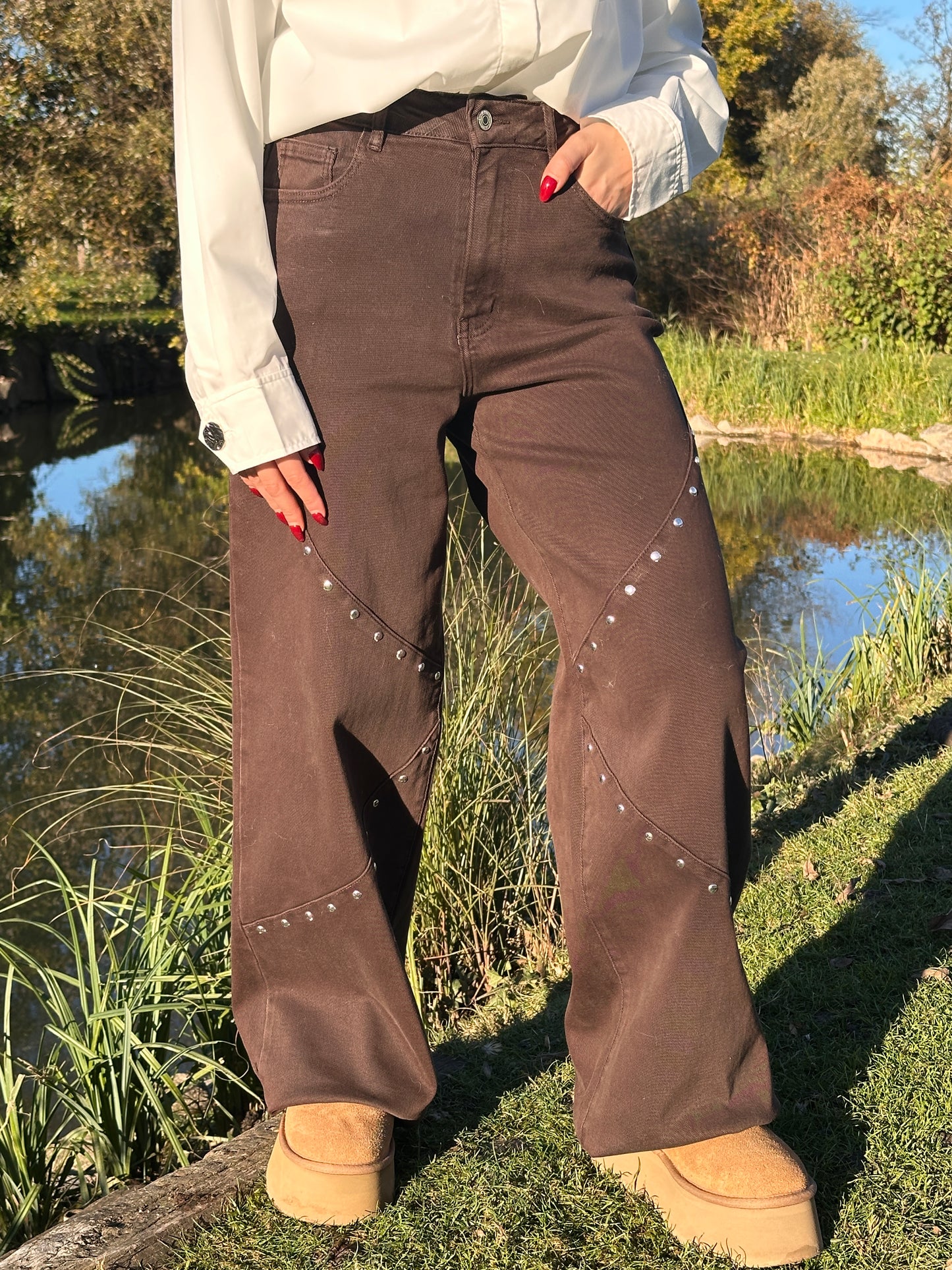 PHENIX - Pantalon flare chocolat clouté