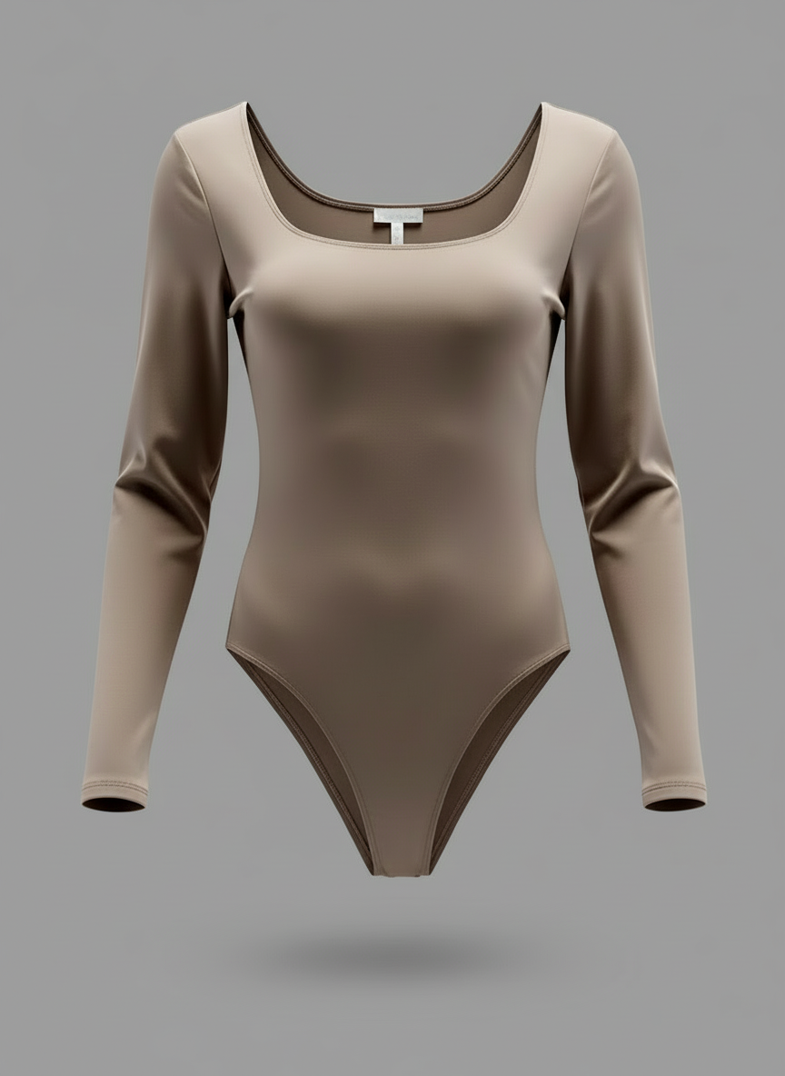 CAPRI taupe - Body col carré, manches longues, effet seconde peau.